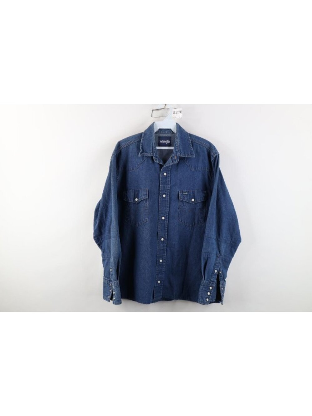 Vintage 90s Wrangler Mens Medium Faded Cowboy Denim Jean Snap Button Shirt Blue